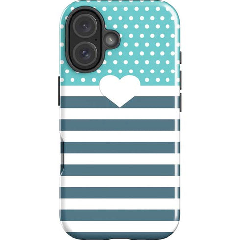 Polka Dots and Stripes Heart in Blue iPhone 16 Plus Impact Case